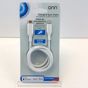 onn Charge & Sync Cable Lightning to USB C Connector for iPhone, iPad, iPod NEW